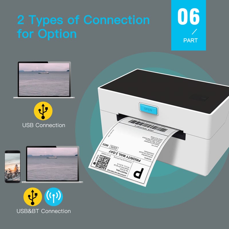Desktop Thermal Label Printer for 4x6 Shipping Package Label Maker 160mm/s High Speed USB&BT Connection Thermal Sticker Printer Max.110mm Paper Width Compatible with UPS Ebay Shopify FedEx - Image 3