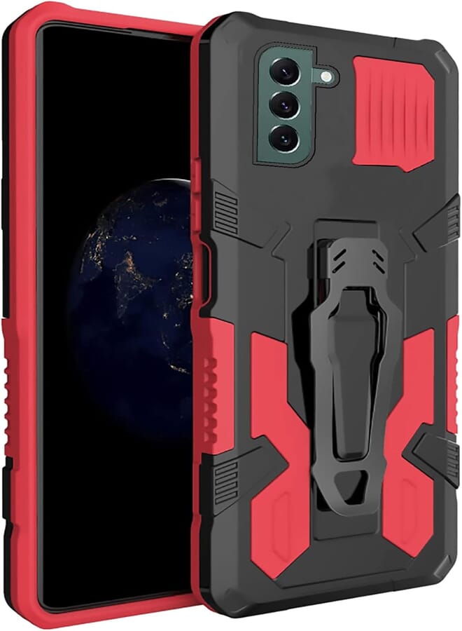 Back Cover Shockproof Stand Holder Belt Clip Holster Anti fall Heavy protection mech warrior Bring Bracket Compatible with Samsung Galaxy S22 Plus - Black X Red 
