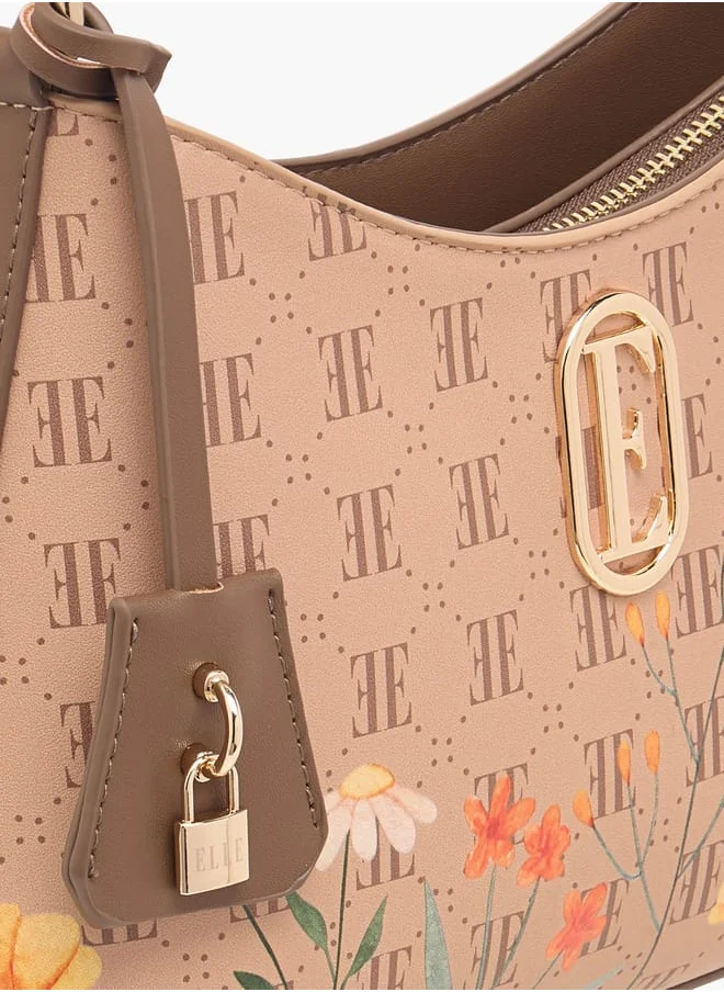 ELLE Women Monogram Print Shoulder Bag with Zip Closure and Adjustable Strap