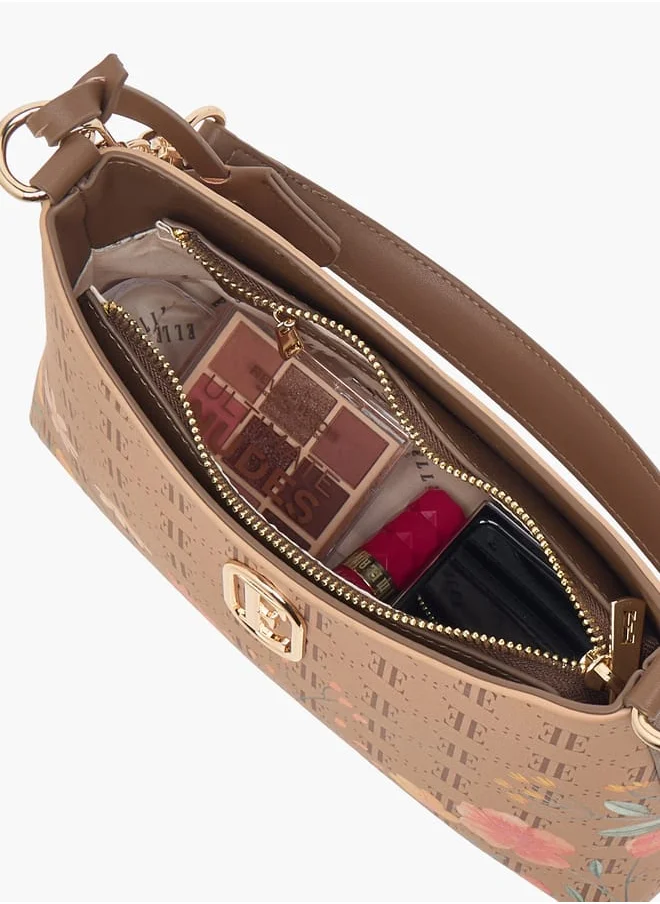 ELLE Women Monogram Print Shoulder Bag with Zip Closure and Adjustable Strap