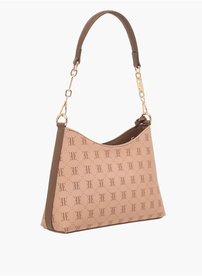 ELLE Women Monogram Print Shoulder Bag with Zip Closure and Adjustable Strap