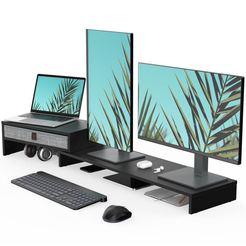 Fenge Computer Monitor Riser Stand with Drawer for 2 or 3 Monitors ,Adjustable Length and Angle Desktop Laptop Stand,Office Organizer,Printer,Black - Image 1