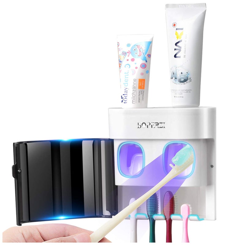Boperzi Dustproof Cover Toothbrush Holder Wall Mounted Automatic Dispenser for Shower Bathroom Set with 2 Toothpaste SqueezersNo Electric No Light
