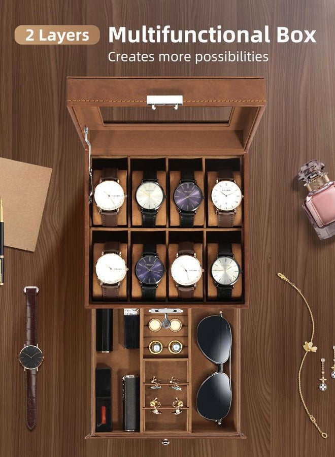 Uten Watch Box 8 Slots, 2-Tier Watch Case with Key Lock, Glass Lid, Watch Display Box for Men and Women, Brown Synthetic Leather, Brown Velvet Lining, Removable Pillows, Jewelry Storage Box, Gift Idea - Image 2