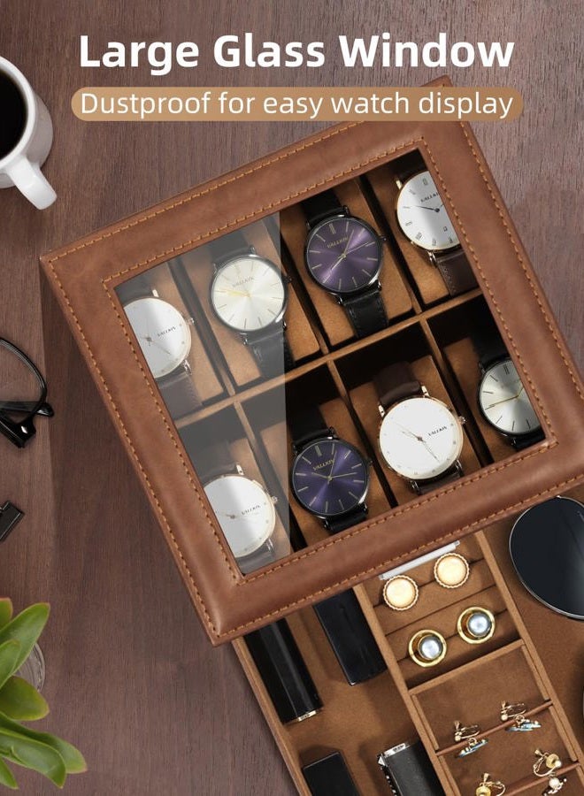 Uten Watch Box 8 Slots, 2-Tier Watch Case with Key Lock, Glass Lid, Watch Display Box for Men and Women, Brown Synthetic Leather, Brown Velvet Lining, Removable Pillows, Jewelry Storage Box, Gift Idea - Image 4