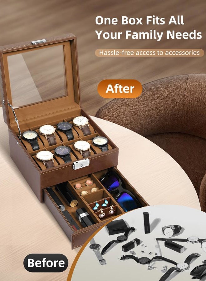 Uten Watch Box 8 Slots, 2-Tier Watch Case with Key Lock, Glass Lid, Watch Display Box for Men and Women, Brown Synthetic Leather, Brown Velvet Lining, Removable Pillows, Jewelry Storage Box, Gift Idea - Image 3
