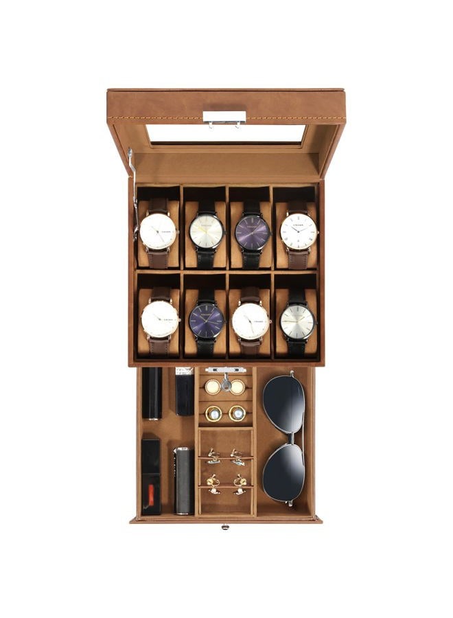 Uten Watch Box 8 Slots, 2-Tier Watch Case with Key Lock, Glass Lid, Watch Display Box for Men and Women, Brown Synthetic Leather, Brown Velvet Lining, Removable Pillows, Jewelry Storage Box, Gift Idea - Image 1