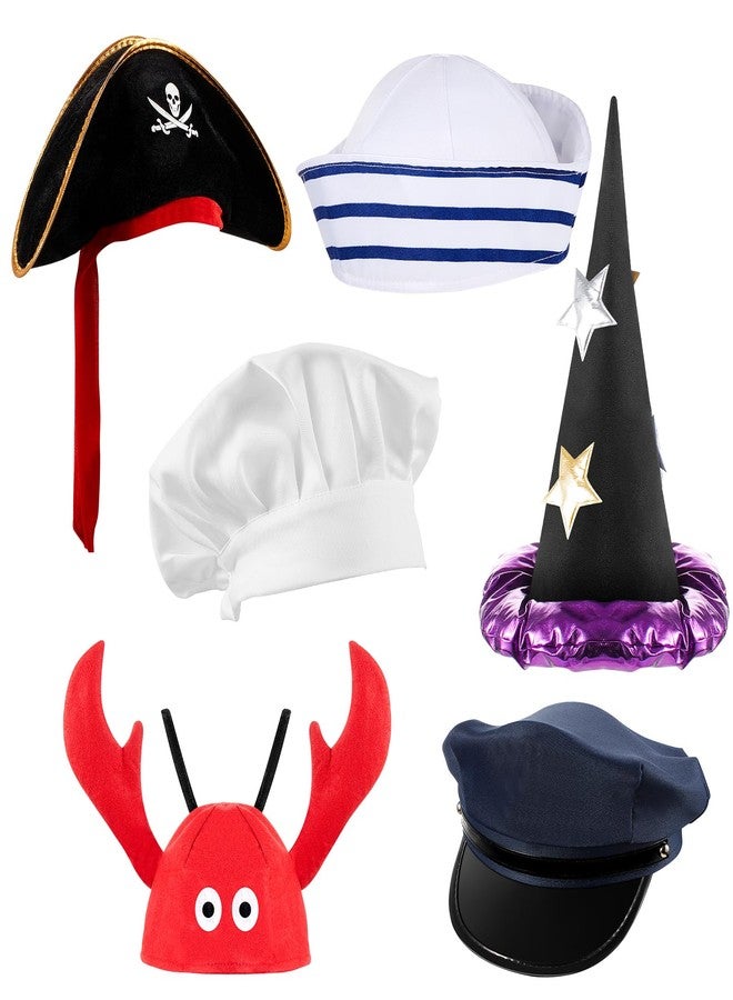 Hercicy 6 Pcs Kids Dress up Hats for Role Play Costume Hats Photo Booth CAPS for Cosplay Party Chef Police Firemen Wizard Pirate Lobster - Image 1