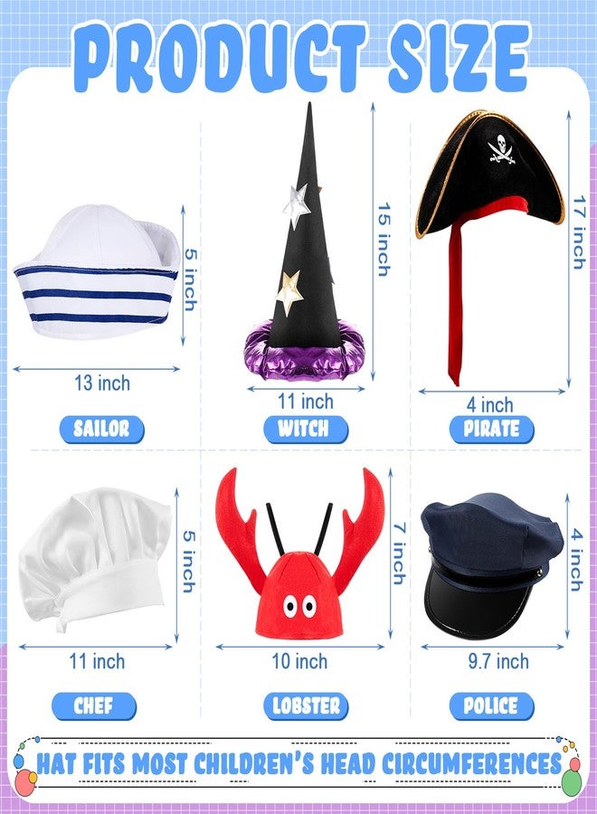 Hercicy 6 Pcs Kids Dress up Hats for Role Play Costume Hats Photo Booth CAPS for Cosplay Party Chef Police Firemen Wizard Pirate Lobster - Image 2