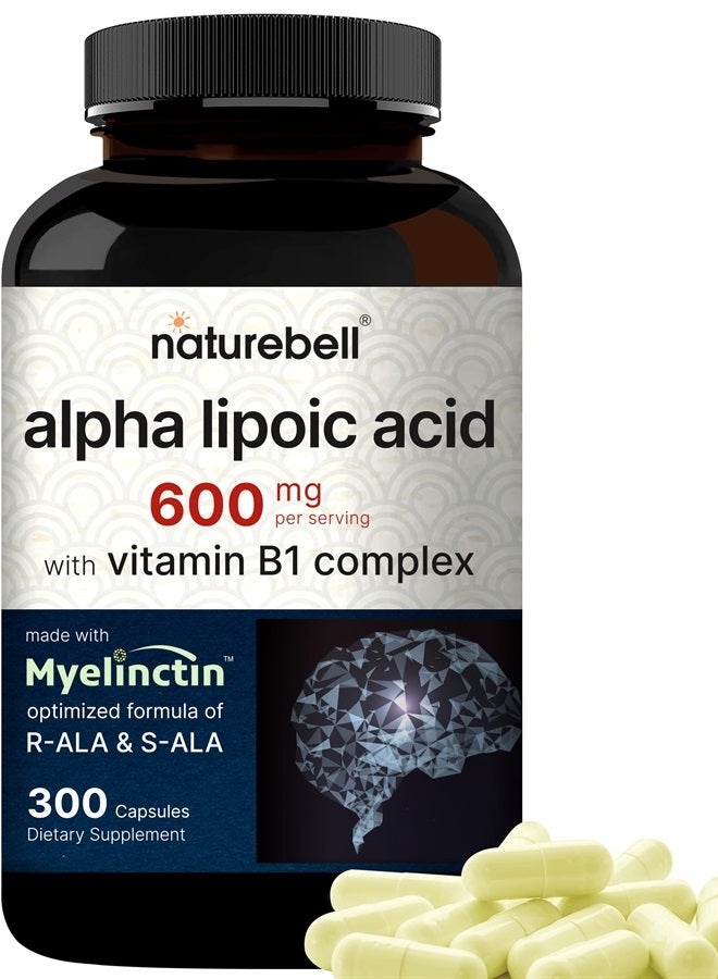 NatureBell Alpha Lipoic Acid 600mg w/ B1 Complex | 300* Capsules, 4 in 1 Myelinctin Formula, R-ALA | S-ALA | Thiamine | Benfotiamine, High Bioavailability and Potency, Third Party Tested, Non-GMO & NO Gluten - Image 1