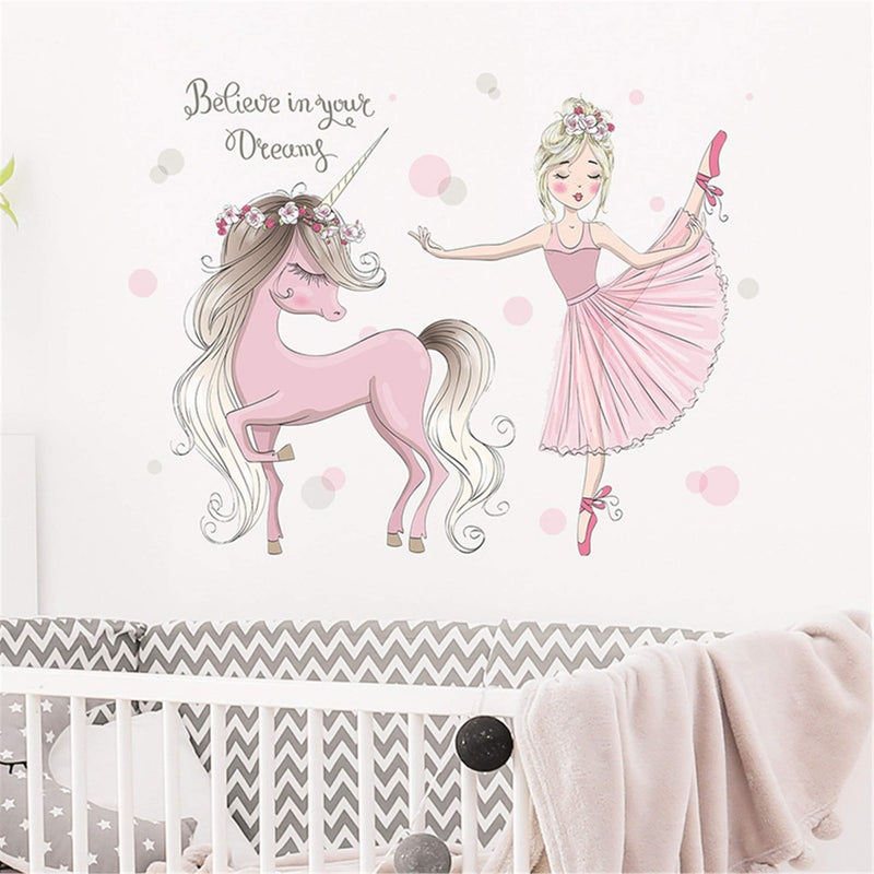 ROFARSO Colorful Cute Lovely Wall Stickers for Kids Peel and Stick Removable Wall Decals DIY Decorations Decor for Nursery Baby Girls Bedroom Playroom Living Room Ballet Girl with Unicorn
