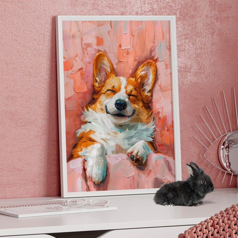 TNESSENTIAL Cute Corgi Sleeping Pink Canvas Poster Poster or Canvas Print, Funny Pet Portrait, Quirky Dog Painting, Animal Pink Painting Girls Room Decor - Image 1