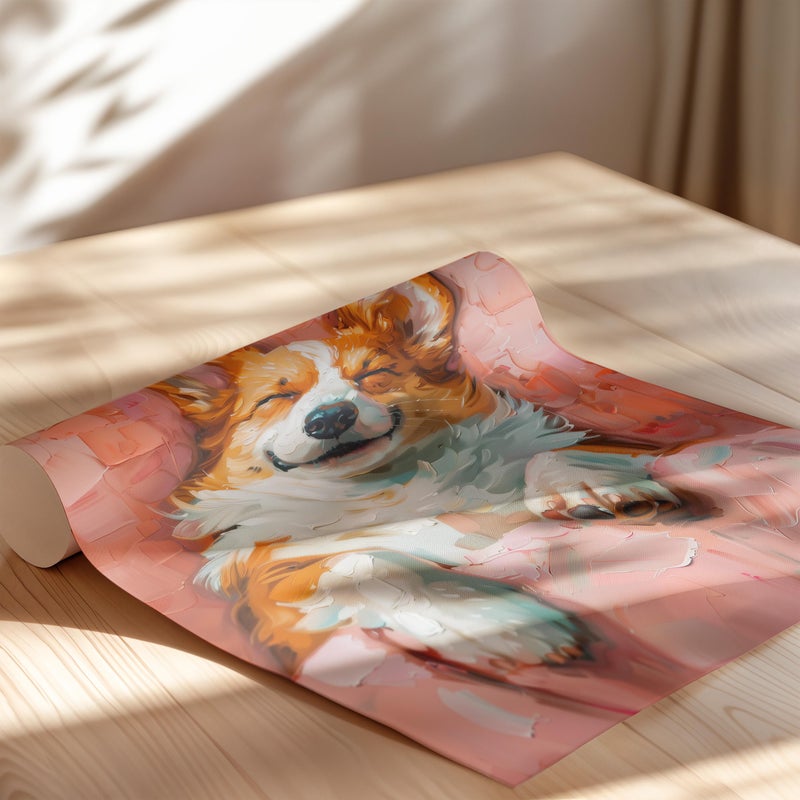 TNESSENTIAL Cute Corgi Sleeping Pink Canvas Poster Poster or Canvas Print, Funny Pet Portrait, Quirky Dog Painting, Animal Pink Painting Girls Room Decor - Image 2