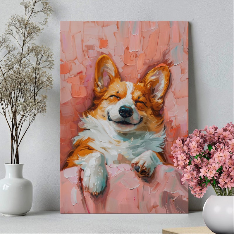 TNESSENTIAL Cute Corgi Sleeping Pink Canvas Poster Poster or Canvas Print, Funny Pet Portrait, Quirky Dog Painting, Animal Pink Painting Girls Room Decor - Image 5