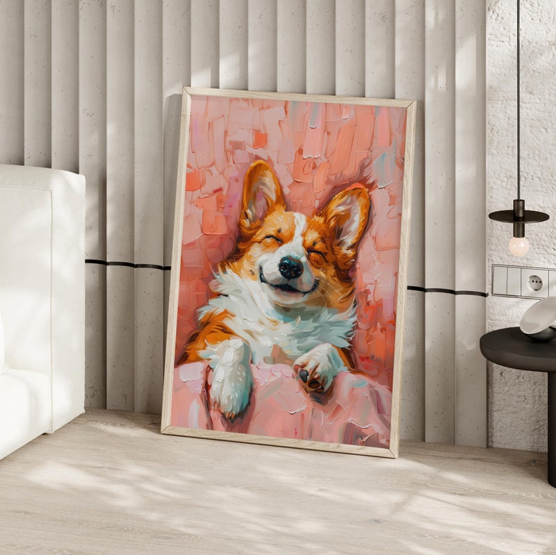 TNESSENTIAL Cute Corgi Sleeping Pink Canvas Poster Poster or Canvas Print, Funny Pet Portrait, Quirky Dog Painting, Animal Pink Painting Girls Room Decor - Image 3