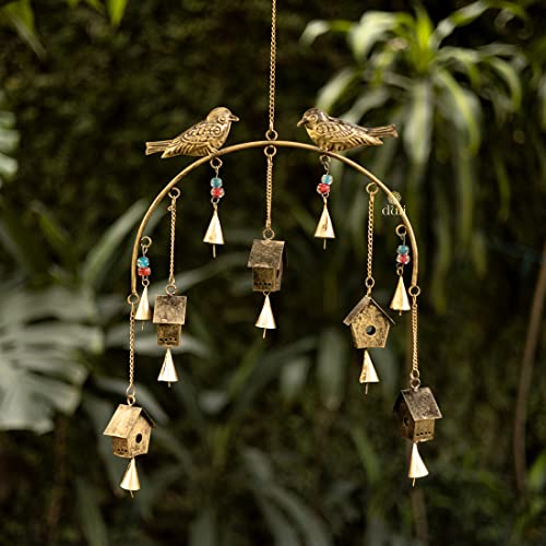 DULI Metal Rustic Windchime Wall Hanging, Feng Shui, Wall Art, Diwali Home Decor, Positive Vibes (Metalwallhanging: Birdhouse), Golden - Image 1