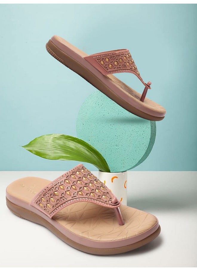 XE Looks - XE Looks Women's Peach Soft Doctor Slippers | Diamond-Cut Embellished Upper with Cushioned Footbed | Stylish and Comfortable Soft Sole Doctor Slippers For Girls & Women - Image 1