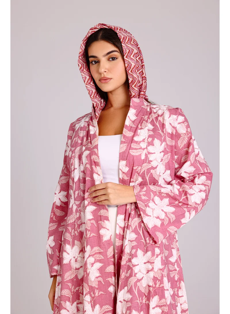 IKKXA Beautiful Autumn Leaves Prints Design Abaya Pink