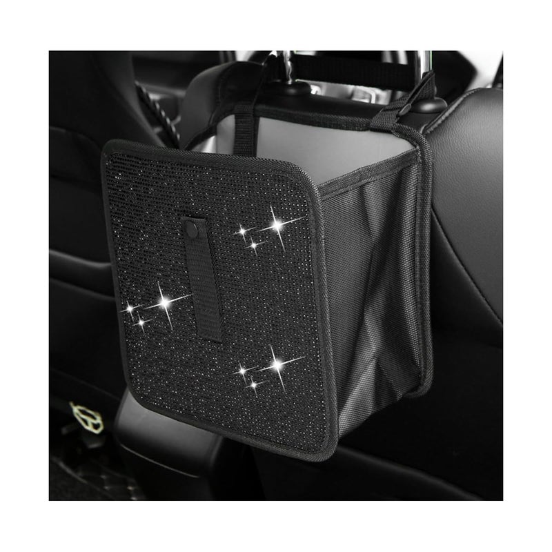 FSTURIOS Car Trash Can, Bling Rhinestone Crystal Waterproof Hanging Garbage Bag for Car Interior, Oxford Leakproof Foldable Waste Organizer Trash Bin Universal for Most Vehicles (Black) - Image 1