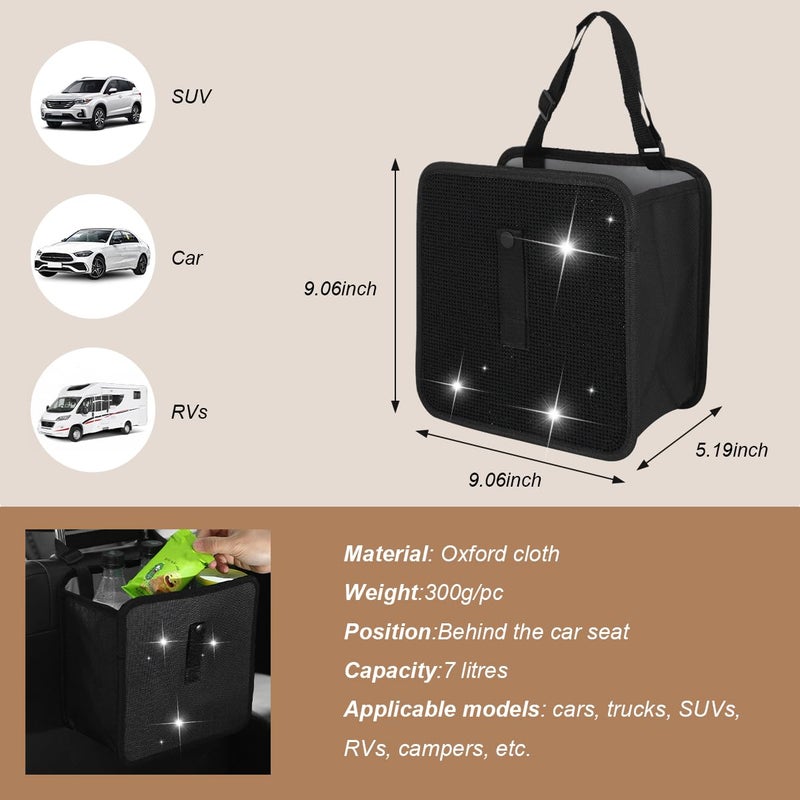 FSTURIOS Car Trash Can, Bling Rhinestone Crystal Waterproof Hanging Garbage Bag for Car Interior, Oxford Leakproof Foldable Waste Organizer Trash Bin Universal for Most Vehicles (Black) - Image 2