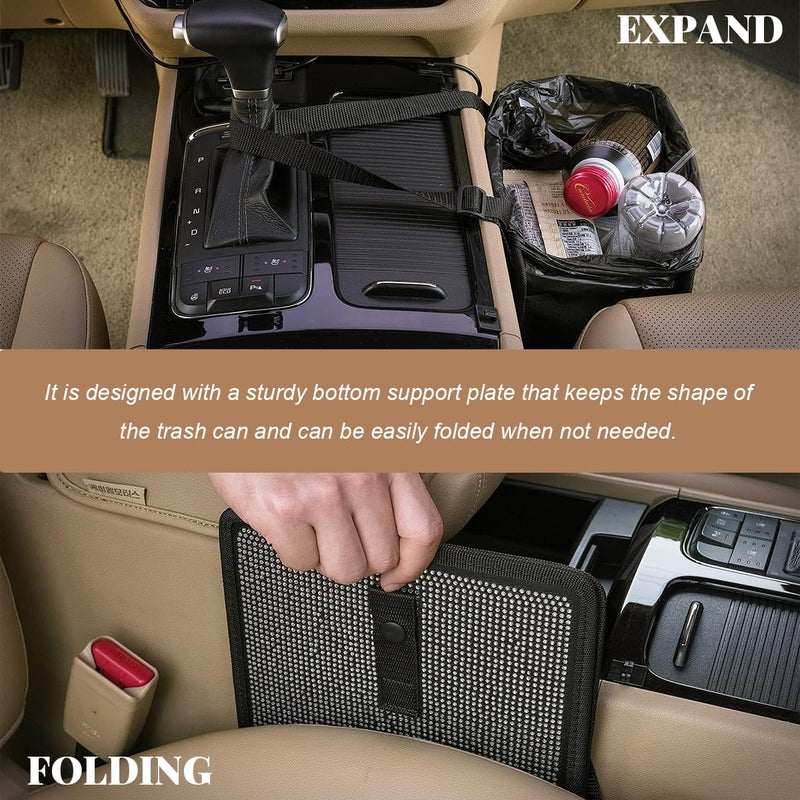 FSTURIOS Car Trash Can, Bling Rhinestone Crystal Waterproof Hanging Garbage Bag for Car Interior, Oxford Leakproof Foldable Waste Organizer Trash Bin Universal for Most Vehicles (Black) - Image 4