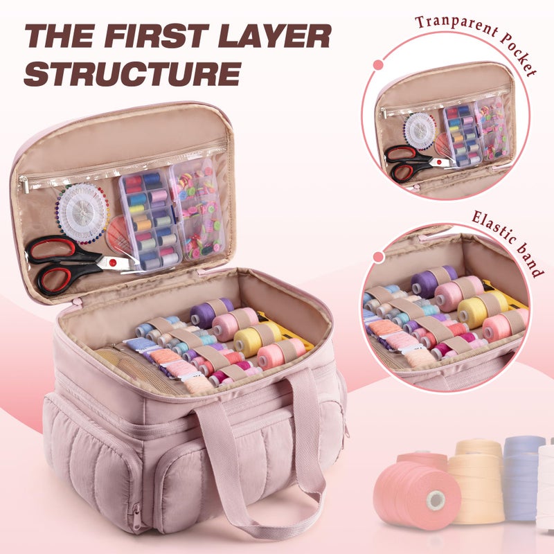 Marscamd Puffer Sewing Organizer Bag, Large Capacity with Multiple Pockets and Detachable Dividers, Storage Box for Threads, Needles, Scissors, Craft Supplies, Pink (Bag ONLY, NO Supplies) - Image 3