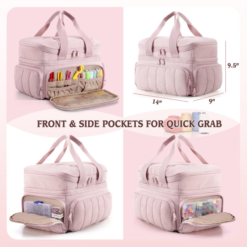 Marscamd Puffer Sewing Organizer Bag, Large Capacity with Multiple Pockets and Detachable Dividers, Storage Box for Threads, Needles, Scissors, Craft Supplies, Pink (Bag ONLY, NO Supplies) - Image 2