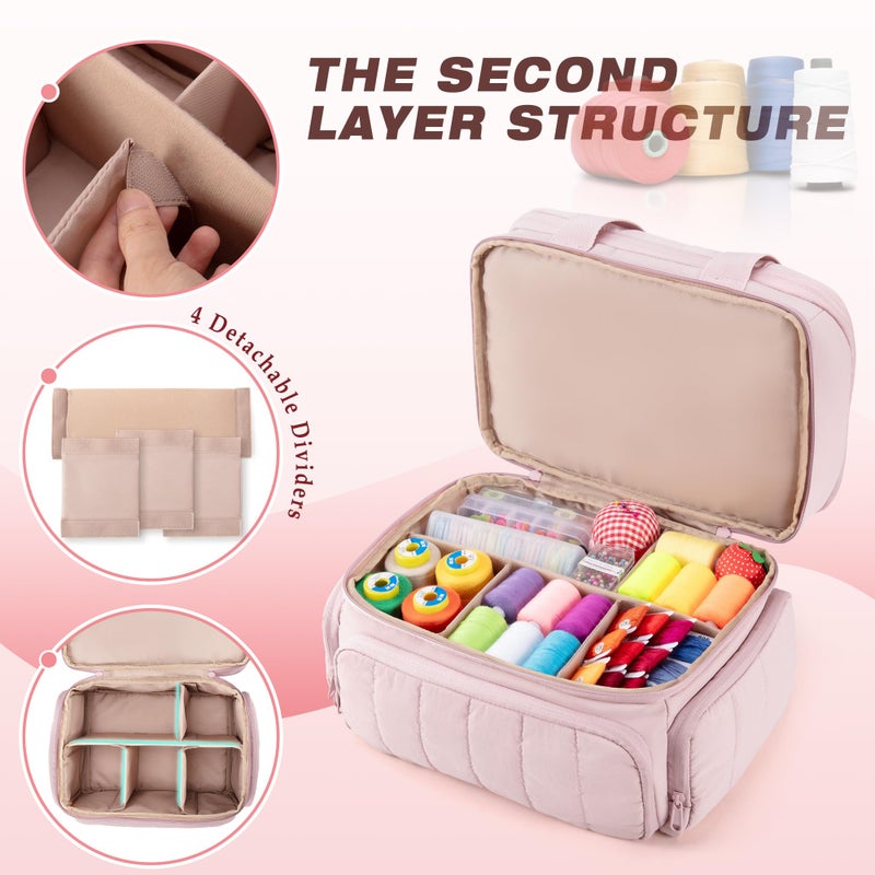 Marscamd Puffer Sewing Organizer Bag, Large Capacity with Multiple Pockets and Detachable Dividers, Storage Box for Threads, Needles, Scissors, Craft Supplies, Pink (Bag ONLY, NO Supplies) - Image 4