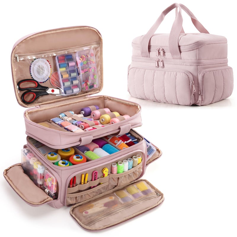 Marscamd Puffer Sewing Organizer Bag, Large Capacity with Multiple Pockets and Detachable Dividers, Storage Box for Threads, Needles, Scissors, Craft Supplies, Pink (Bag ONLY, NO Supplies) - Image 1