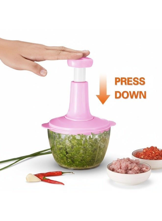 2L Manual Hand Press Food Chopper & Mixer (2-in-1) - Push Vegetable Cutter & Egg Whisk Attachment - (Assorted Colors) - Image 1