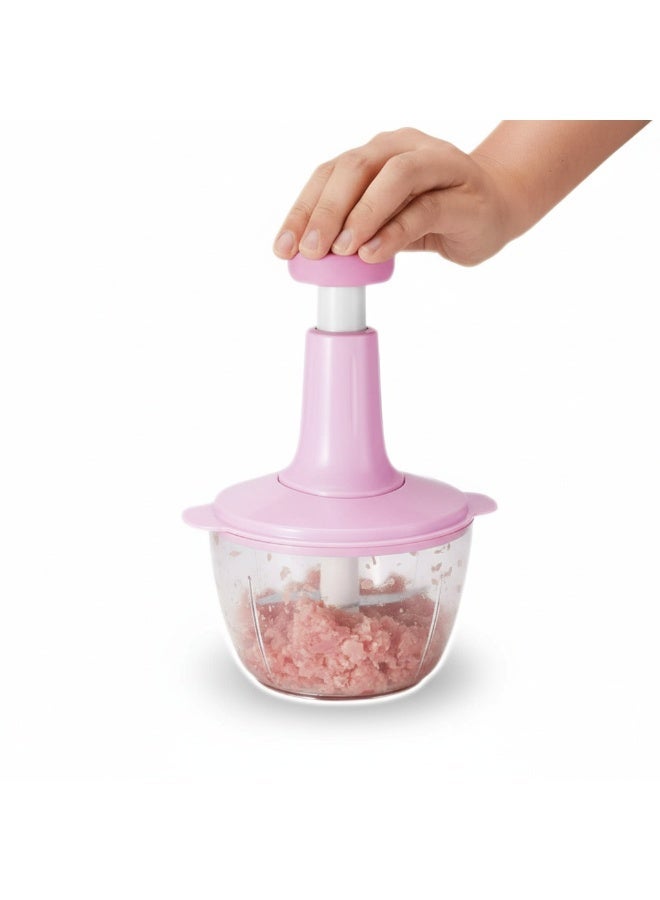 2L Manual Hand Press Food Chopper & Mixer (2-in-1) - Push Vegetable Cutter & Egg Whisk Attachment - (Assorted Colors) - Image 2