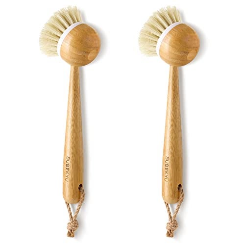 SUBEKYU Dish Brush with Handle, Natural Bamboo Dish Scrubber Brush, Kitchen Dishwashing Brush for Cleaning Dishes/Pans/Pots/Sinks, Sisal Bristles, 2P - Image 1