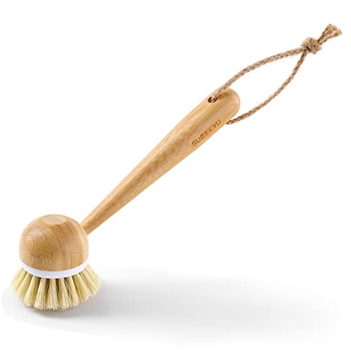 SUBEKYU Dish Brush with Handle, Natural Bamboo Dish Scrubber Brush, Kitchen Dishwashing Brush for Cleaning Dishes/Pans/Pots/Sinks, Sisal Bristles, 2P - Image 3