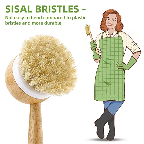SUBEKYU Dish Brush with Handle, Natural Bamboo Dish Scrubber Brush, Kitchen Dishwashing Brush for Cleaning Dishes/Pans/Pots/Sinks, Sisal Bristles, 2P - Image 5