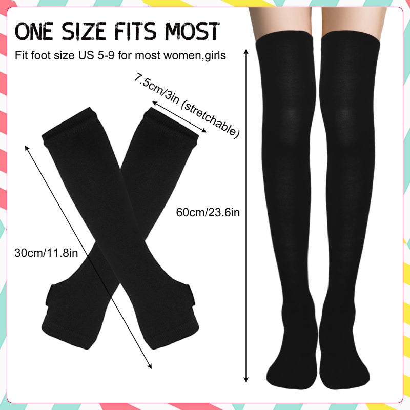 Gvhntk 2 Sets Womens Striped Knee Highs Socks Long Knitted Arm Warmers Fingerless Gloves Set for Cosplay Party - Image 2
