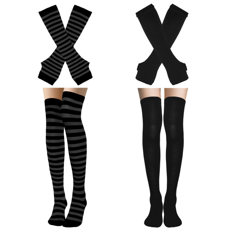 Gvhntk 2 Sets Womens Striped Knee Highs Socks Long Knitted Arm Warmers Fingerless Gloves Set for Cosplay Party - Image 1