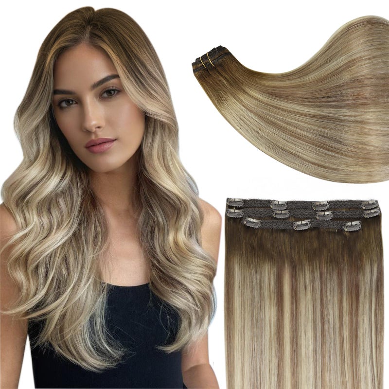 Full Shine Human Hair Clip in Extensions for Woman 14 Inch Medium Brown Ombre to Light Brown and Medinum Blonde Hair Extensions Clip ins Softness 3 PCS 60 Grams