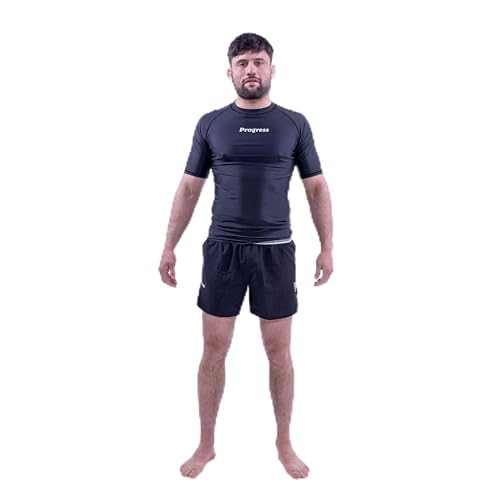 Progress Jiu Jitsu Academy Short Sleeve Sleeve Rashguard | Comfortable and Durable BJJ Rash Guard | Flexible Rash Guard for Grappling | Moisture-Wicking Compression Tops for Men and Women | Black - L - Image 1