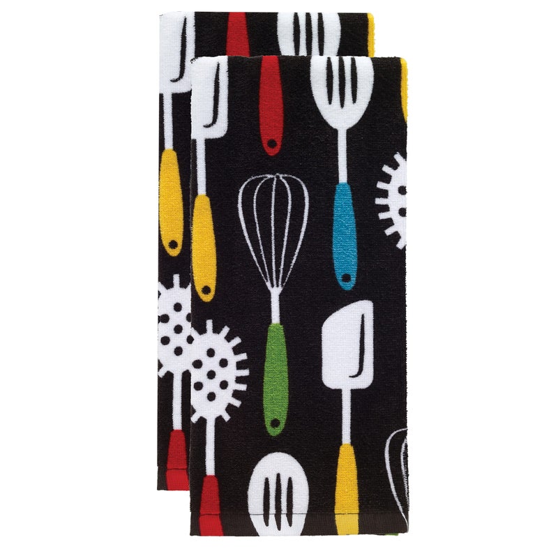 T-Fal Fiber Reactive Print Kitchen Towels: Highly Absorbent, Super Soft - 100% Cotton, 16"x28" Dish Towels for Cleaning & Drying Dishes, Pans, Glassware, or Countertops, 2-Pack, Utensiles - Image 2