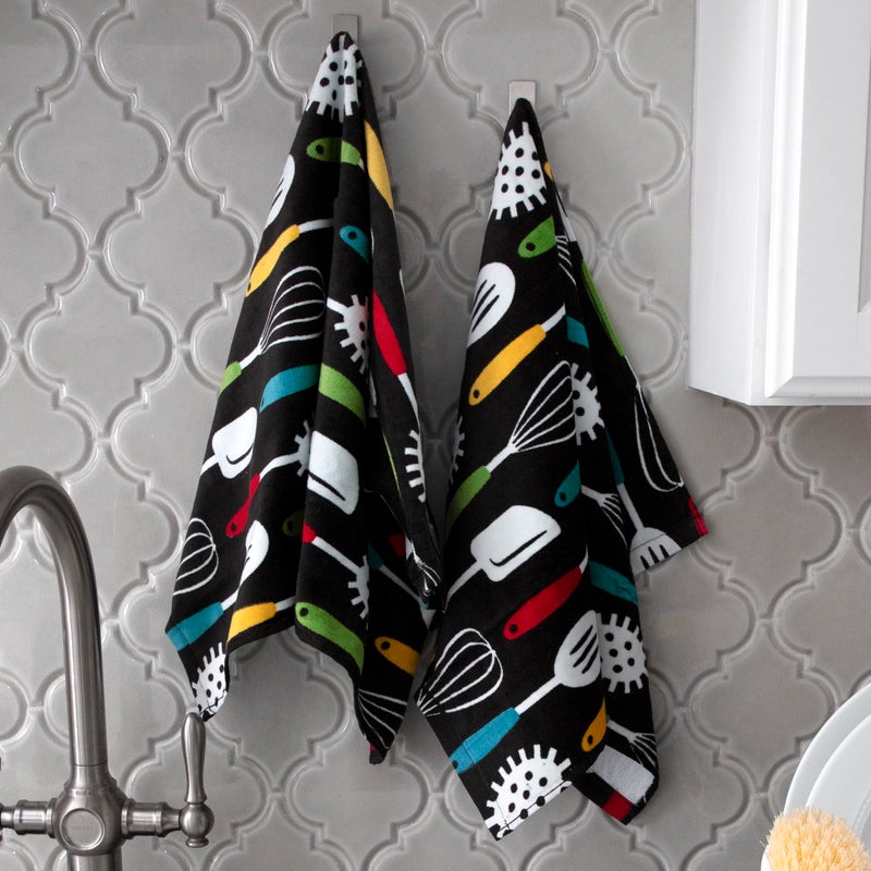 T-Fal Fiber Reactive Print Kitchen Towels: Highly Absorbent, Super Soft - 100% Cotton, 16"x28" Dish Towels for Cleaning & Drying Dishes, Pans, Glassware, or Countertops, 2-Pack, Utensiles - Image 5