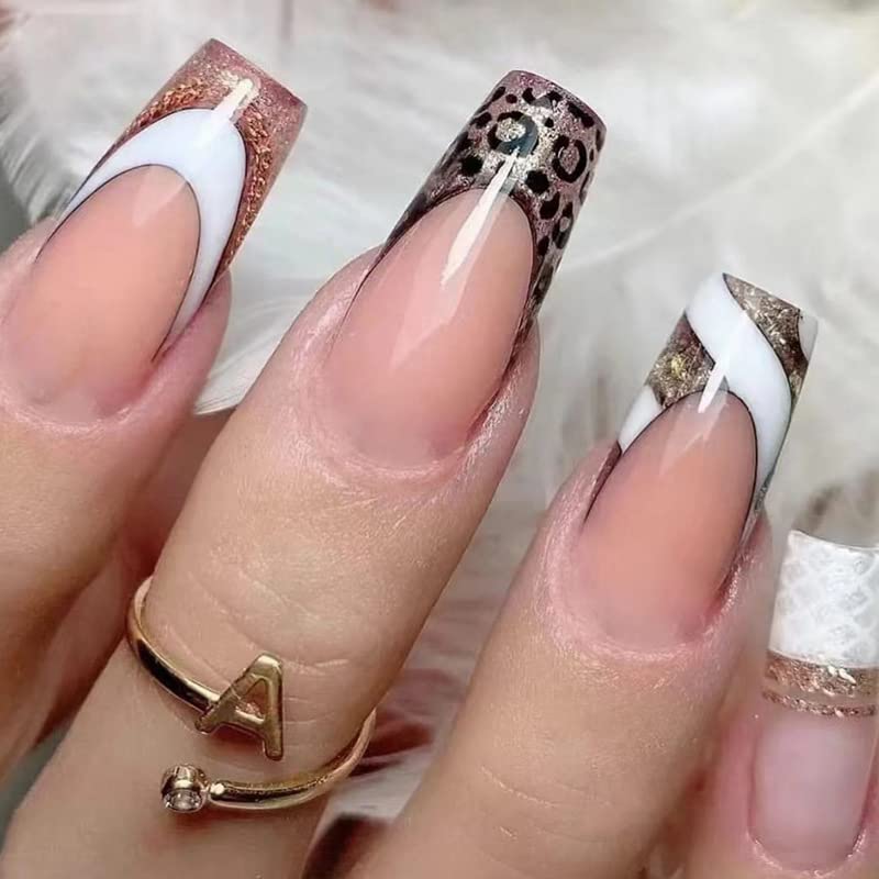KLOSS BEAUTY KLOSS BEAUTY Powder Animal Print Coffin press on nails Artificial Nails Reusable Fake Nails Set of 22 false nails Universally sized nail extensions for women Press On nails Longlasting fake nails with Glue Gloss Finish Nude base with animal print tips - Image 1