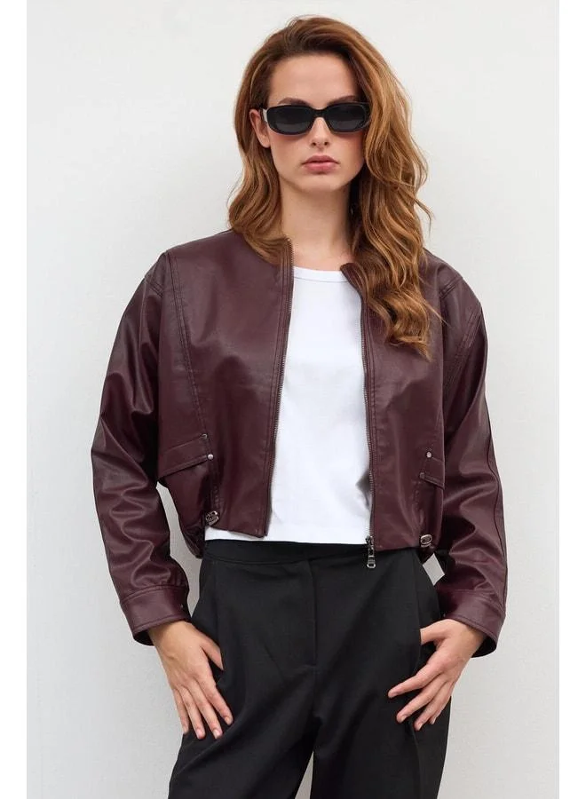 Sherin Burgundy Oversized Leather Jacket.