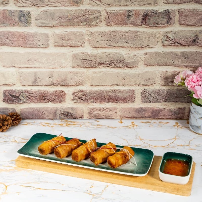 EZ Life Green-White Rectangle Sushi Plate Set Wooden Tray 1 Plate - 1 Bowl - 1 Tray, Ceramic Plates Set Dessert Plate, Microwave and Dishwasher Safe - Image 2