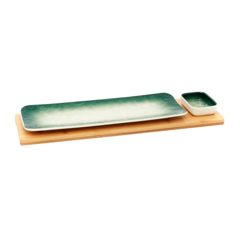 EZ Life Green-White Rectangle Sushi Plate Set Wooden Tray 1 Plate - 1 Bowl - 1 Tray, Ceramic Plates Set Dessert Plate, Microwave and Dishwasher Safe - Image 5