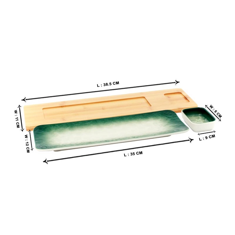 EZ Life Green-White Rectangle Sushi Plate Set Wooden Tray 1 Plate - 1 Bowl - 1 Tray, Ceramic Plates Set Dessert Plate, Microwave and Dishwasher Safe - Image 4