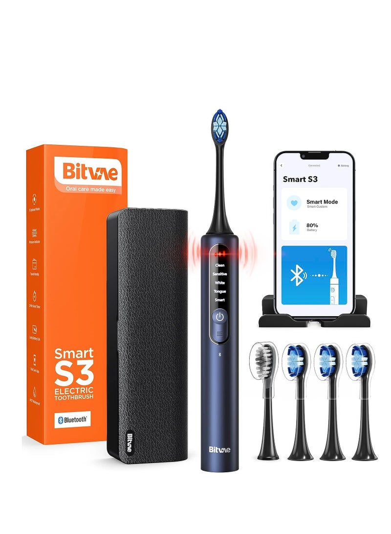 Bitvae Smart S3 Sonic Electric Toothbrush for Adults, 180-Day Battery Life Rechargeable Electric Power Toothbrush with Pressure Sensor, Electric Toothbrush with 4 Brush Heads, Travel Case, Dark Blue - Image 1