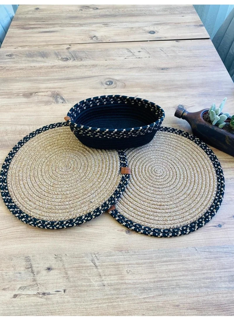 BDZ Deri BDZ Leather Jute Wicker American Service Plate and Basket 3 Pieces