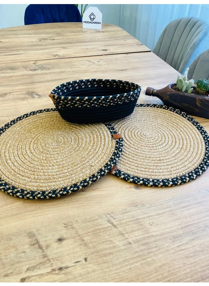 BDZ Deri BDZ Leather Jute Wicker American Service Plate and Basket 3 Pieces