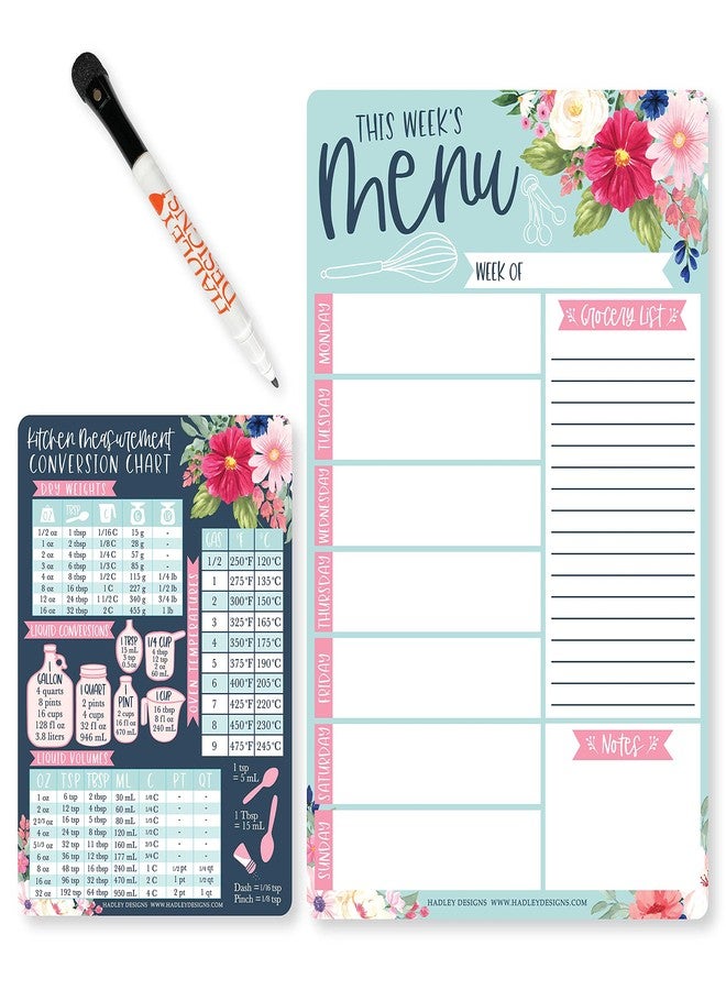 Hadley Designs Weekly Meal Planner Dry Erase Board for Refrigerator, Floral Magnetic Weekly Menu Board for Kitchen Conversion Chart, Meal Planner for Refrigerator, Magnetic Menu Board for Fridge - Image 1