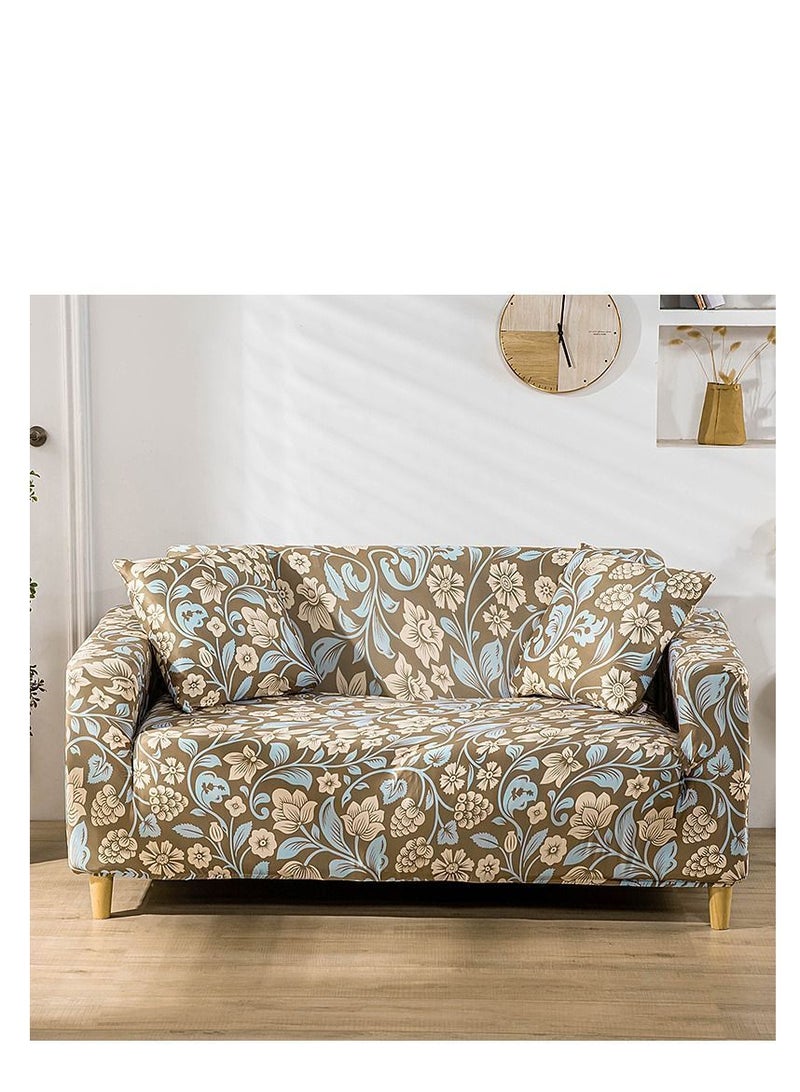 Y&D 1-Seater Exquisitely Floarl Designed Wrinkle-free Anti-slip 360-degree Full Coverage Sofa Slipcover Beige/Blue Length Stretch From 90To 140cm - Image 1